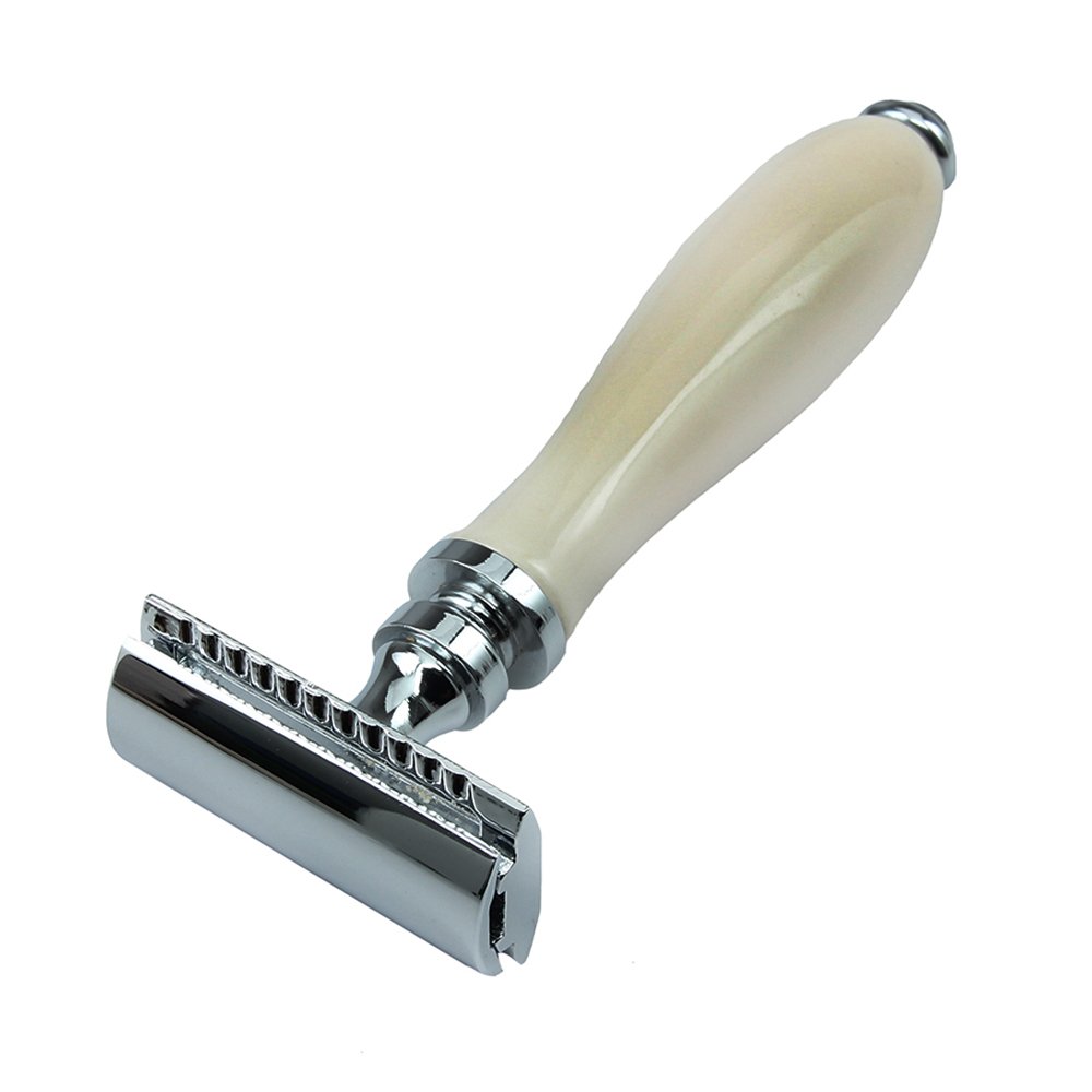 Wooden Handle Shiny Black & White Double Edge Safety Razor