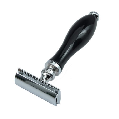 Wooden Handle Shiny Black & White Double Edge Safety Razor