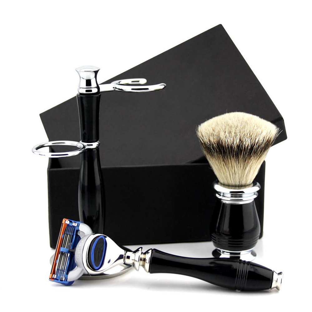 Luxury Black Fusion Shaving Kit with Stand – Premium Men’s Wet Shaving Set