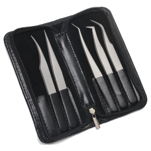 Leo Beauty Pro 5 pieces eyelash extension tweezers set with leather case