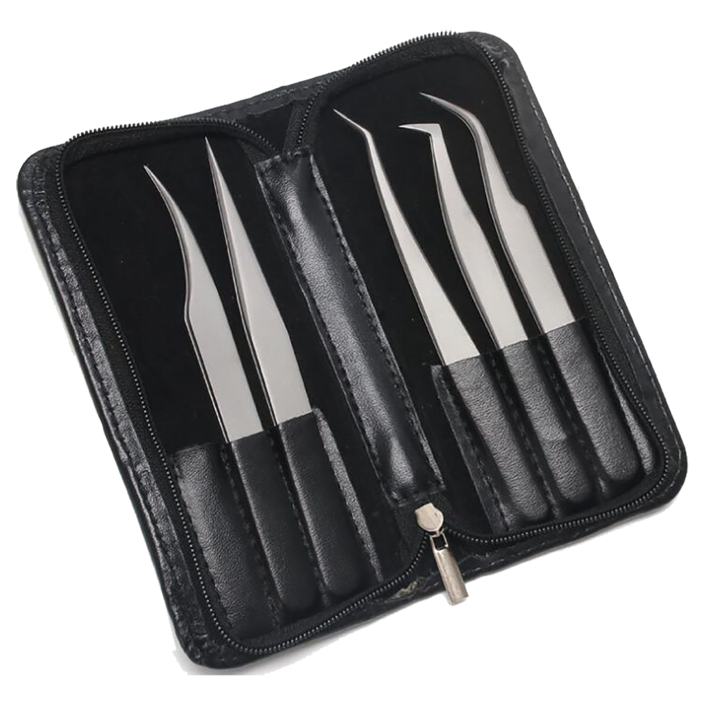 Leo Beauty Pro 5 pieces eyelash extension tweezers set with leather case