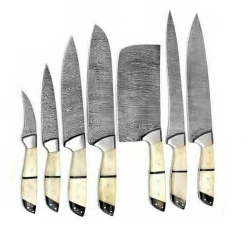 Leo Beauty Pro Damascus Kitchen Knives Set Horn Handle
