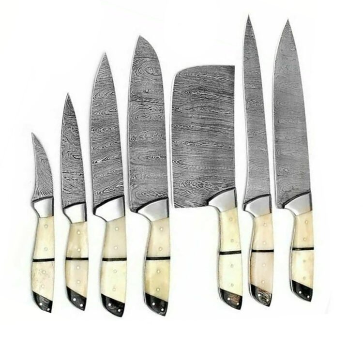 Leo Beauty Pro Damascus Kitchen Knives Set Horn Handle