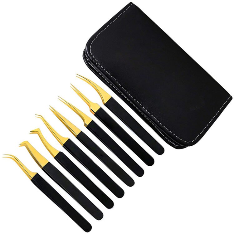Leo Beauty Pro Gold and black eyelash extension tweezers set with kit